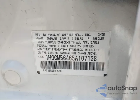 2005 Honda Accord 2.4 Lx z USA, uszkodzony, nr VIN 1HGCM56465A107128